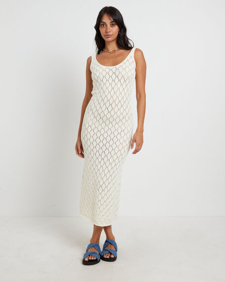 Bodie Crochet Midi Backless Dress in Milky White