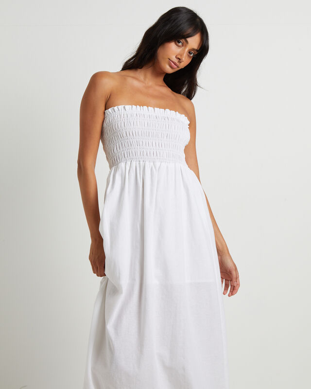 Esme Shirred Bandeau Maxi Dress in White, hi-res image number null