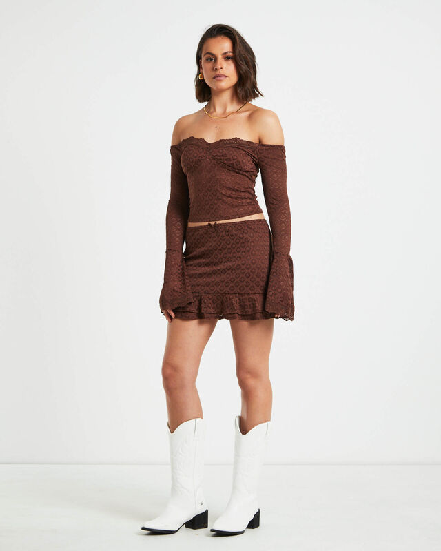Nyra Lace Peplum Mini Skirt in Chocolate Brown, hi-res image number null
