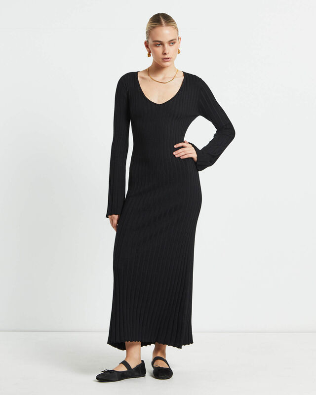 Sophie Long Sleeve Rib Knit Dress Black, hi-res image number null
