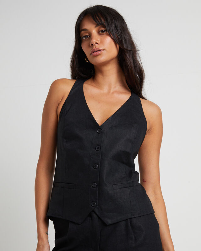 Naomi Linen Halter Vest in Black, hi-res image number null