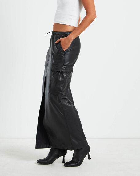 Phoebe Leather Look Cargo Skirt Black