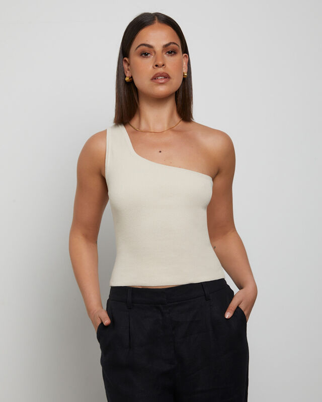 Luxe Knitted One Shoulder Top in Vintage Stone, hi-res