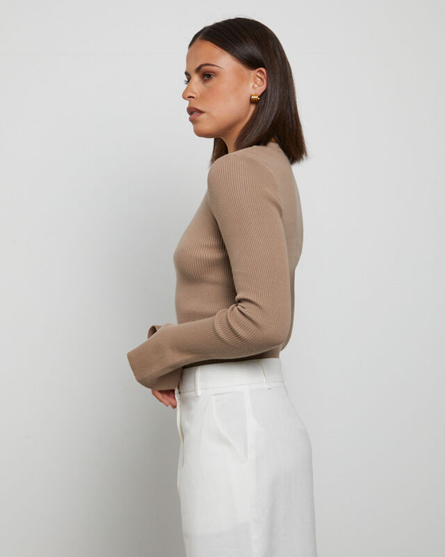 Luxe Knitted Long Sleeve Top in Cocoa Brown, hi-res image number null