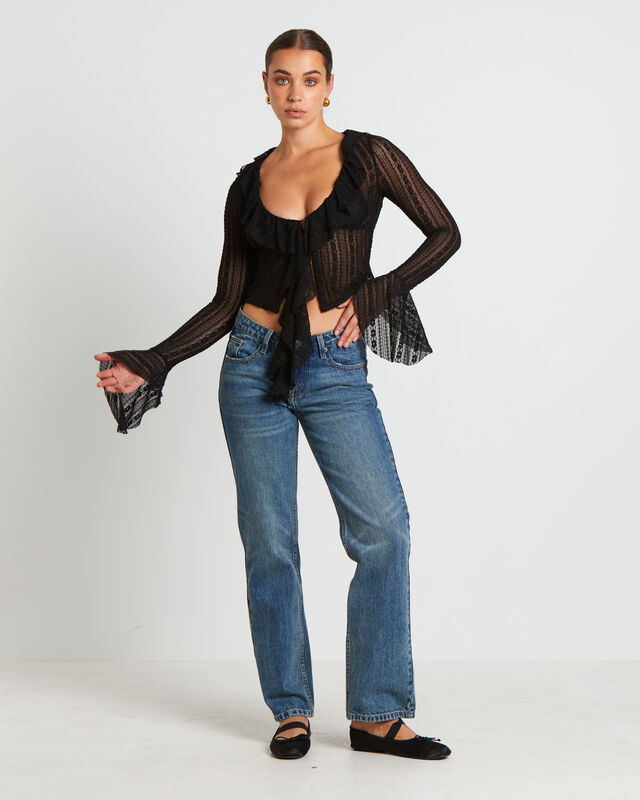 Janie Fairy Core Lace Plunge Shirt in Black, hi-res image number null