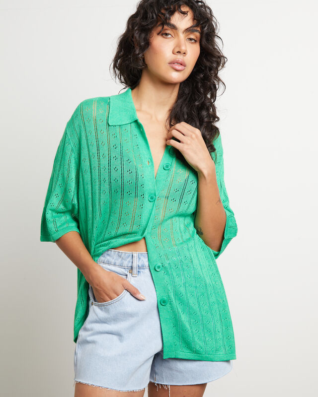 Milan Knit Short Sleeve Shirt in Grass Green, hi-res image number null