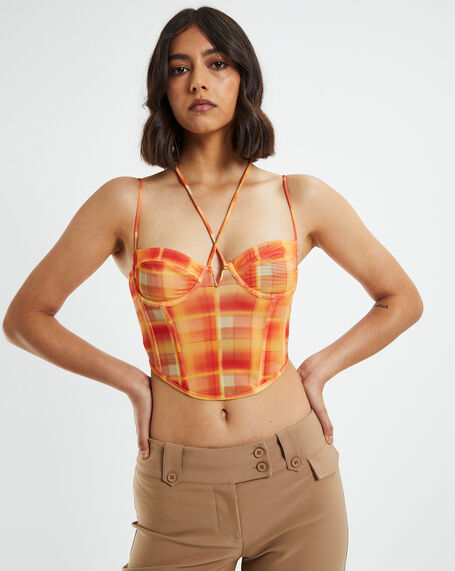 Viccy Strappy Cross Front Corset Check Orange