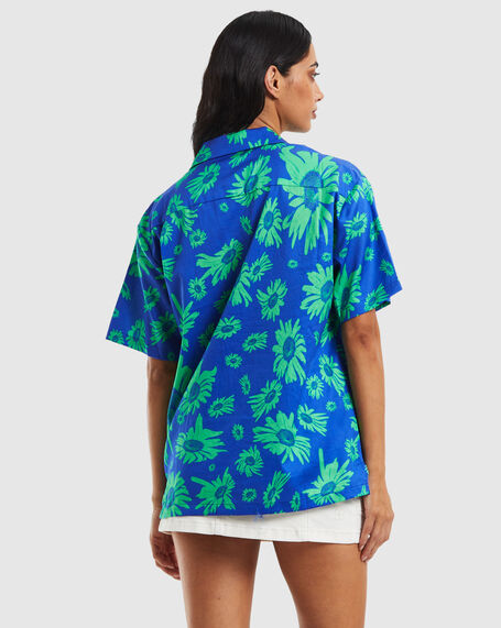 Hawaiian Short Sleeve Shirt Daisy Trippin Blue/Green