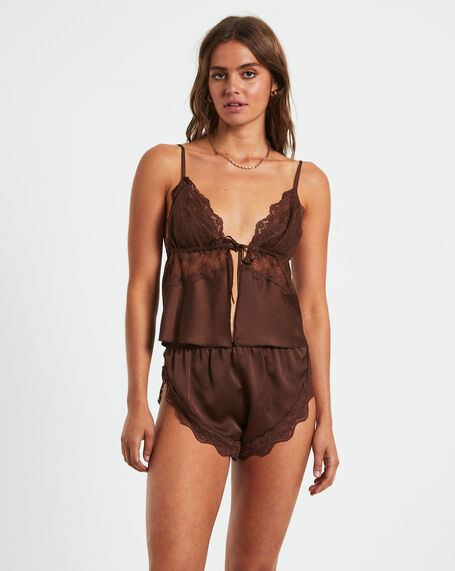 Exie Lace Insert Tie Front Cami Chocolate