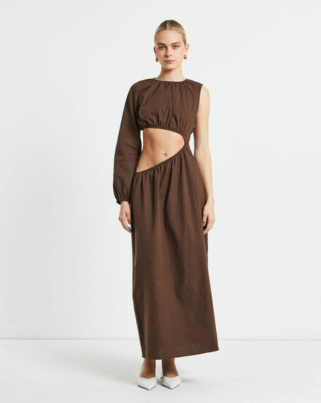 Isobel One Shoulder Cut Out Midi Dress in Chocolate