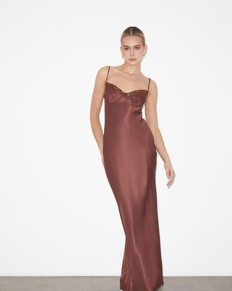 Heidi Lace Underwire Slip Maxi Dress in Chocolate Brown