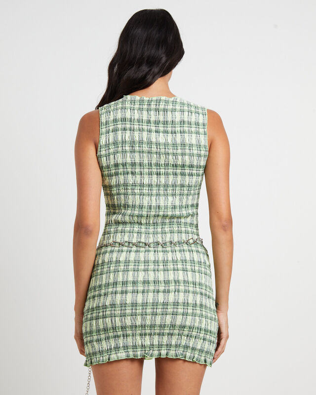 Drew Check Shirred Mini Dress in Lime, hi-res image number null
