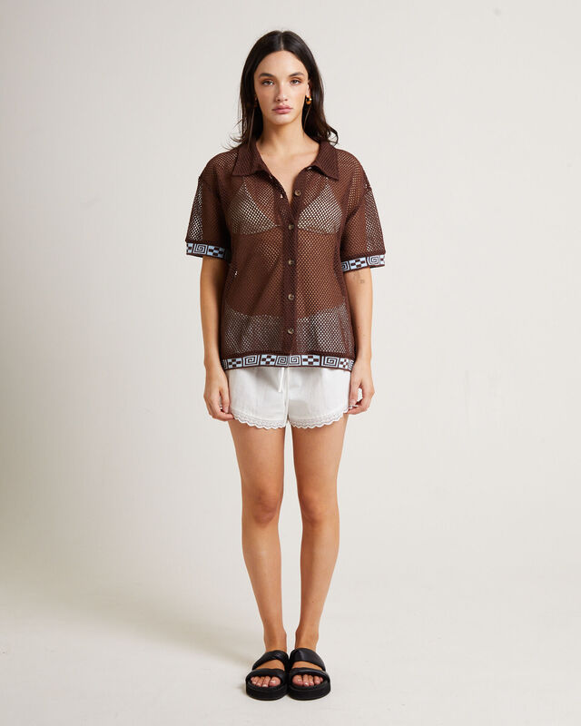 Dimension Crochet Short Sleeve Shirt in Chocolate, hi-res image number null