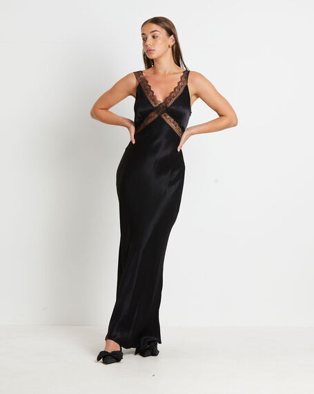 Everleigh Lace Slip Midi Dress in Black