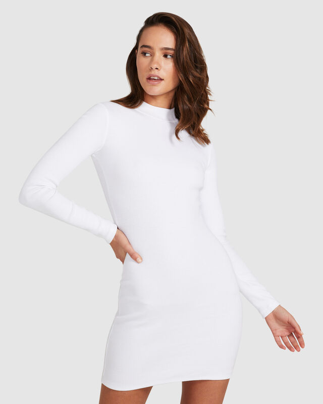 Fitted Rib Long Sleeve Dress White, hi-res image number null
