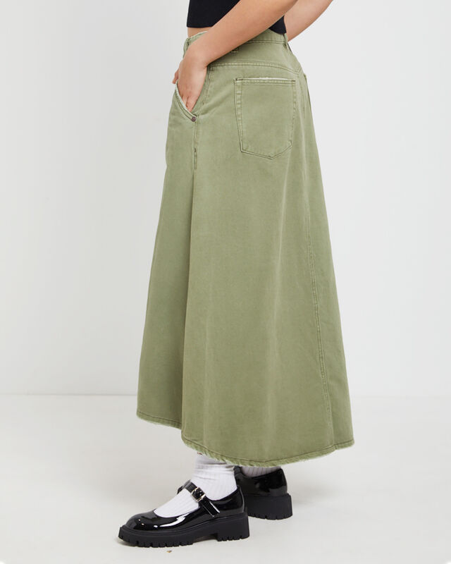 St Khaki Mrs Carter Long Denim Skirt in Green, hi-res image number null