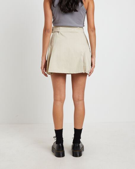 Twill Pleated Mini Skirt in Stone
