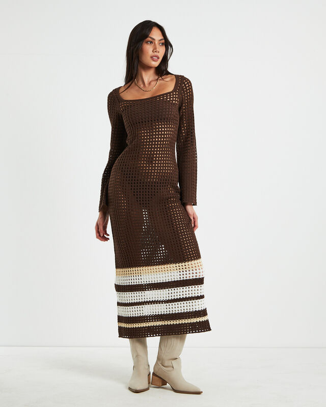 Kimmy Crochet Stripe Midi Dress Chocolate in Brown, hi-res image number null