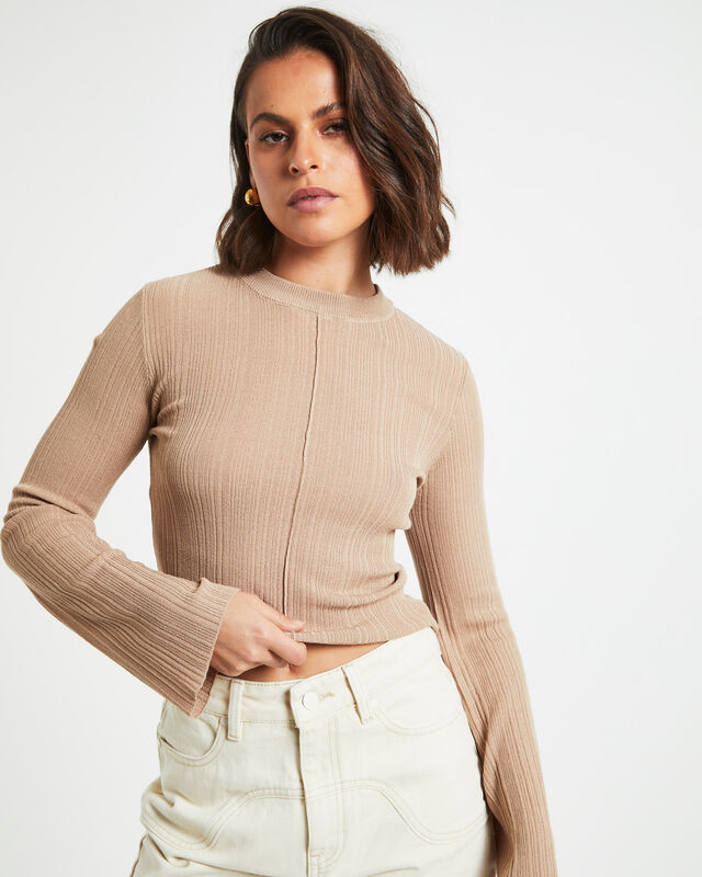 Porter Sheer Ribbed Seam Long Sleeve Top in Taupe, hi-res image number null