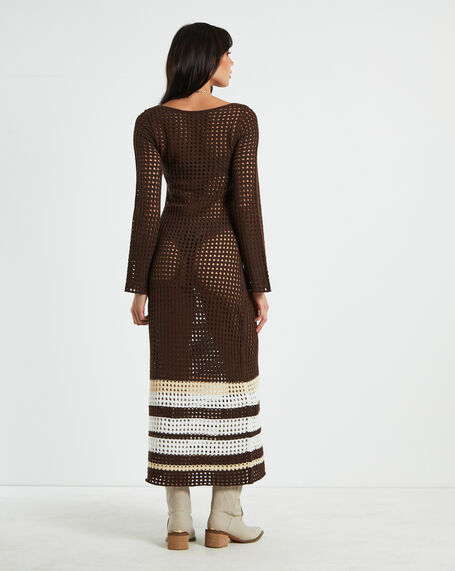 Kimmy Crochet Stripe Midi Dress Chocolate in Brown
