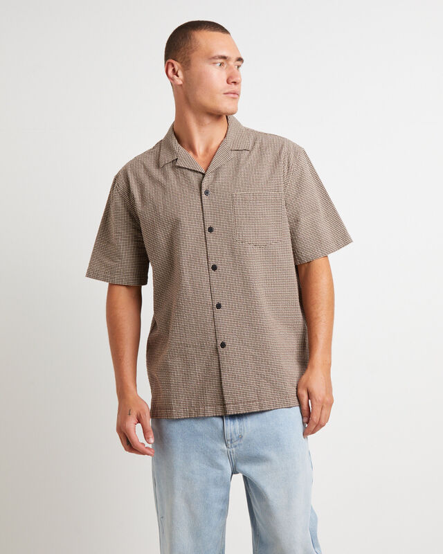Aura Check Short Sleeve Resort Shirt in Brown, hi-res image number null